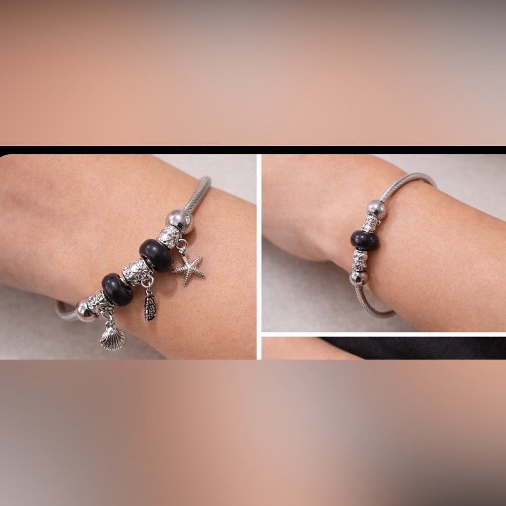 Mint Stainless Steel Starfish Shell Crystal Charm Silvertone Bangle Bracelet NEW